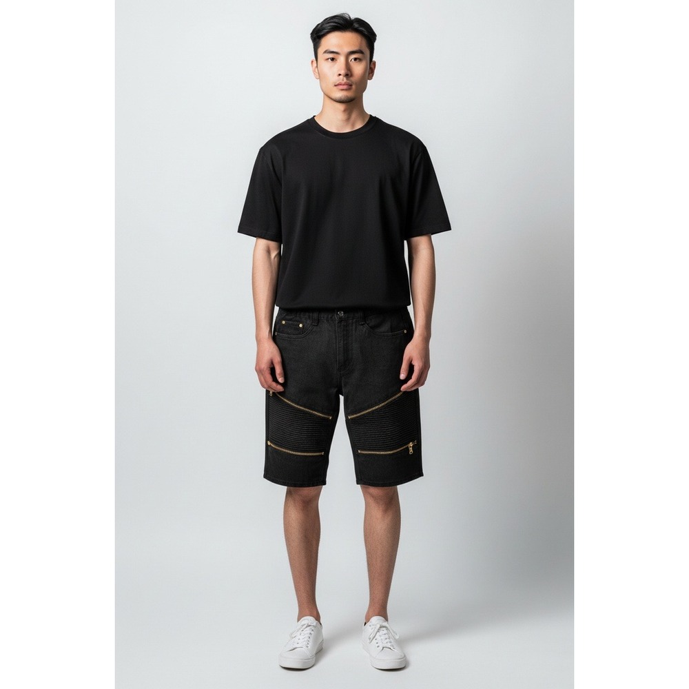 Luxury For The Rich Biker Shorts Mens 36 Black Excellent Gold Zipper Moto Denim